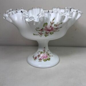 Vintage Fenton Milk Glass‎ Footed Compote Bowl Ruffled Edge Hand Painted Floral